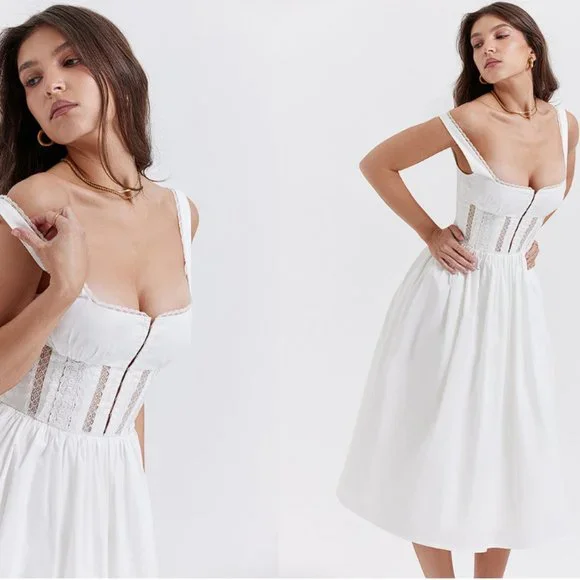 HOUSE OF CB 'Perle' White Lace Trim Midi Dress NWOT - Picture 4 of 12